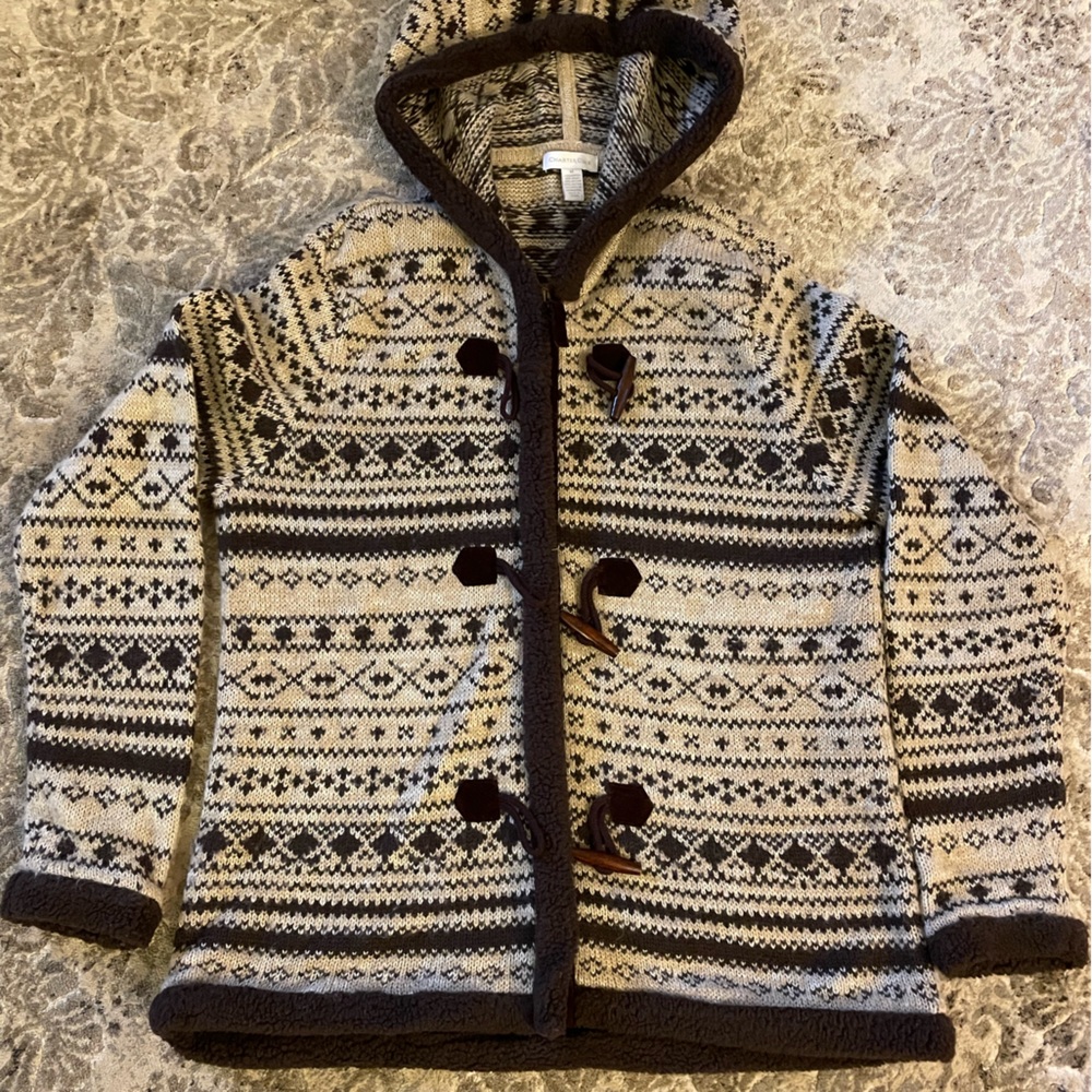 Charter Club cardigan/jacket size M brown beige zipper and toggle closure hooded